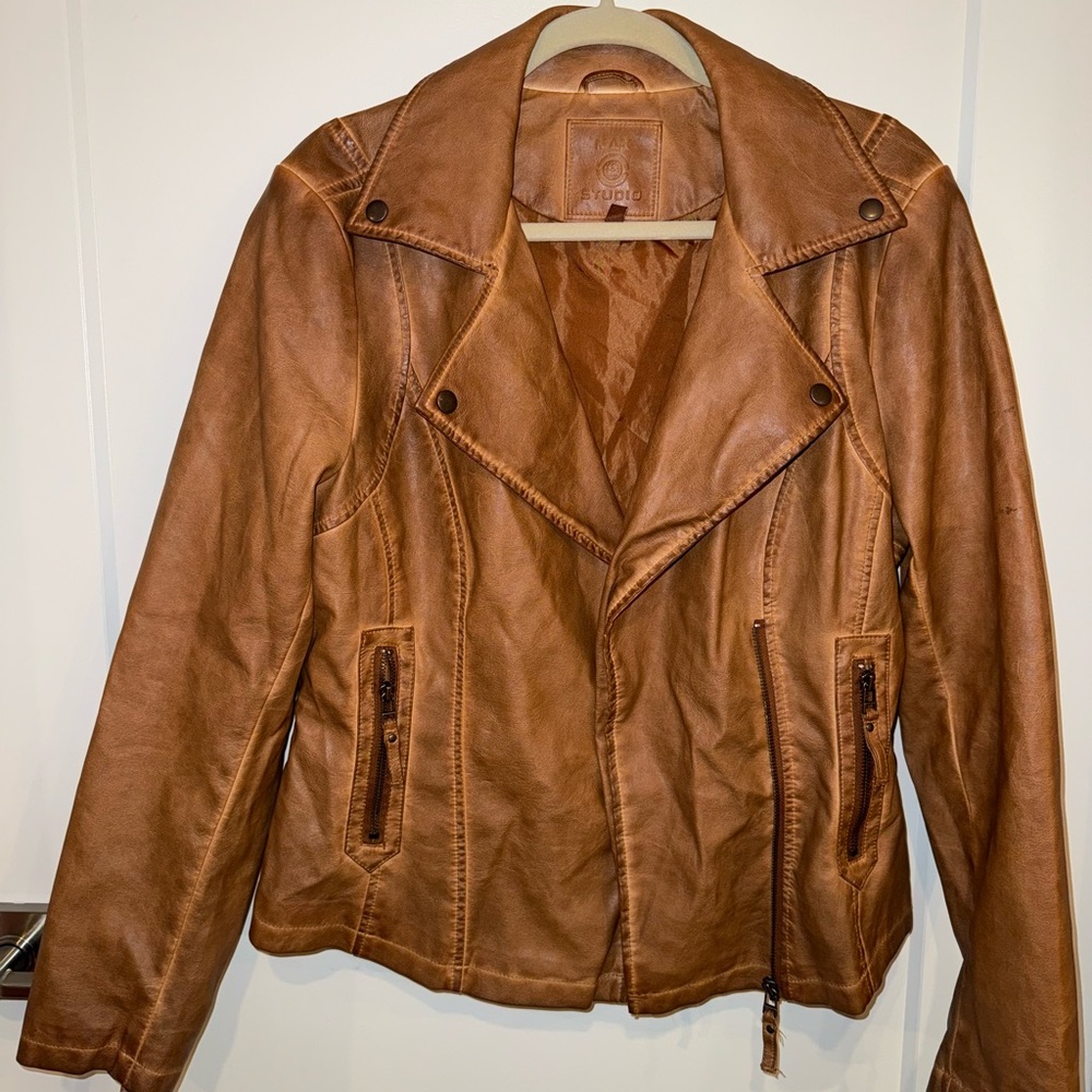 Max Studio Tan Leather Moto Jacket Asymmetrical Zipper